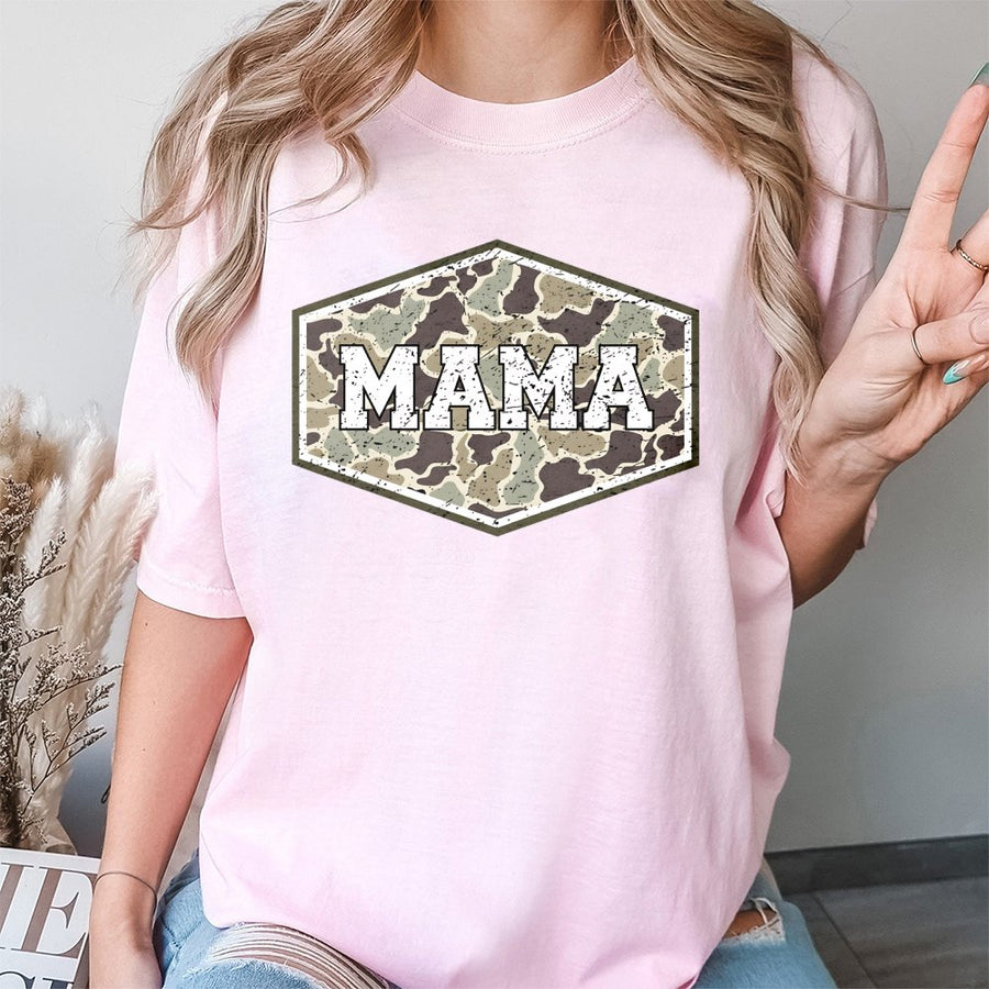 Mama Camo Graphic T-Shirt | Distressed Army Print Design | 100% Cotton Premium Fabric | Southern Country Style Gift for Moms