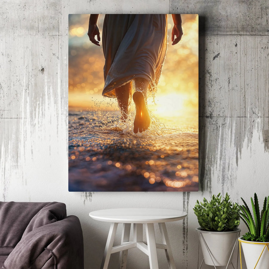Jesus Walking On Water Canvas Print | Religious Coastal Sunset Art | Premium Fade-Resistant Wall Decor | Spiritual Home Office Gift