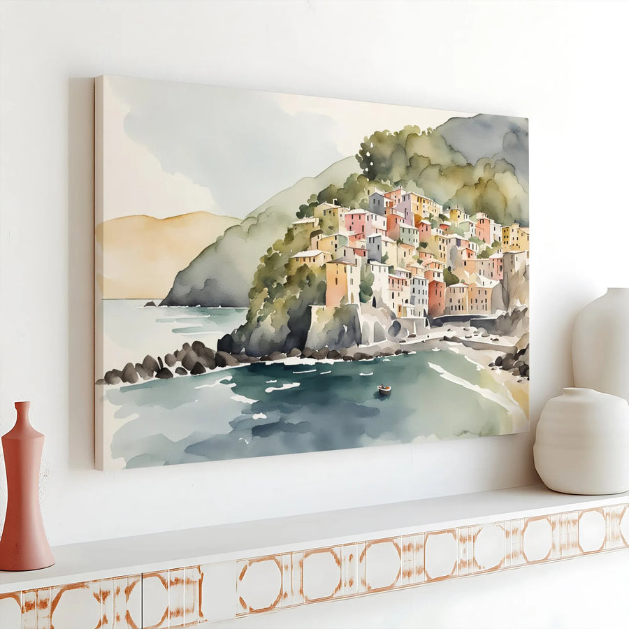 Italian Coastal Village Canvas Print | Watercolor Mediterranean Seaside Landscape | Premium Gallery Wrap Wall Art | Travel Home Decor Gift