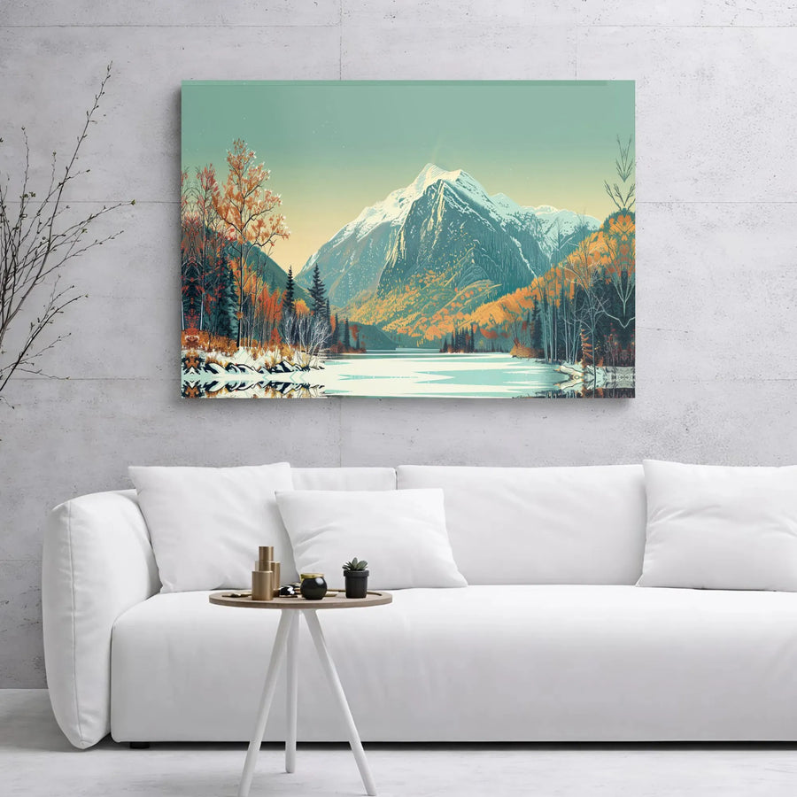 Mountain Lake Canvas Wall Art | Snowy Peaks And Autumn Forest Landscape | Premium Gallery Wrap Print | Nature Decor For Home Or Office