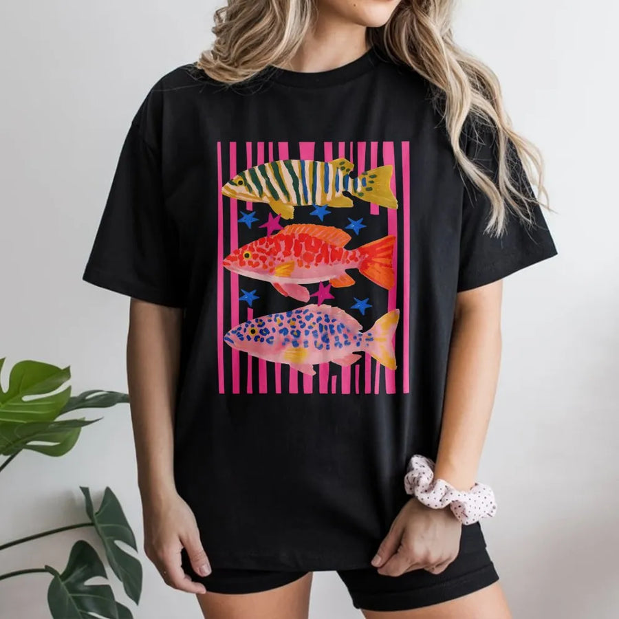 Preppy Fish T-Shirt | Colorful Maximalist Coastal Graphic Print | Soft Cotton-Blend Pullover | Fishing Trip Gift for Her