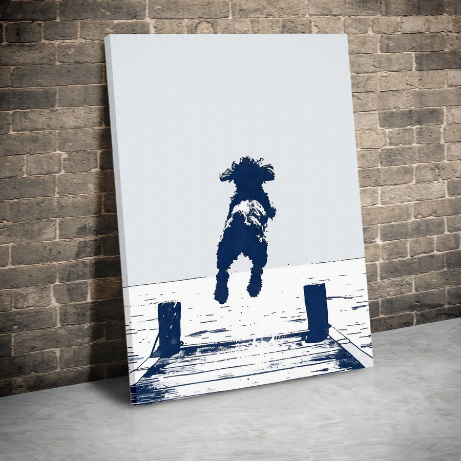 Jumping Dog Canvas Art | Silhouette Dock Jump Print | Premium 1.25-Inch Gallery Wrap | Modern Pet Lover Home Decor Gift