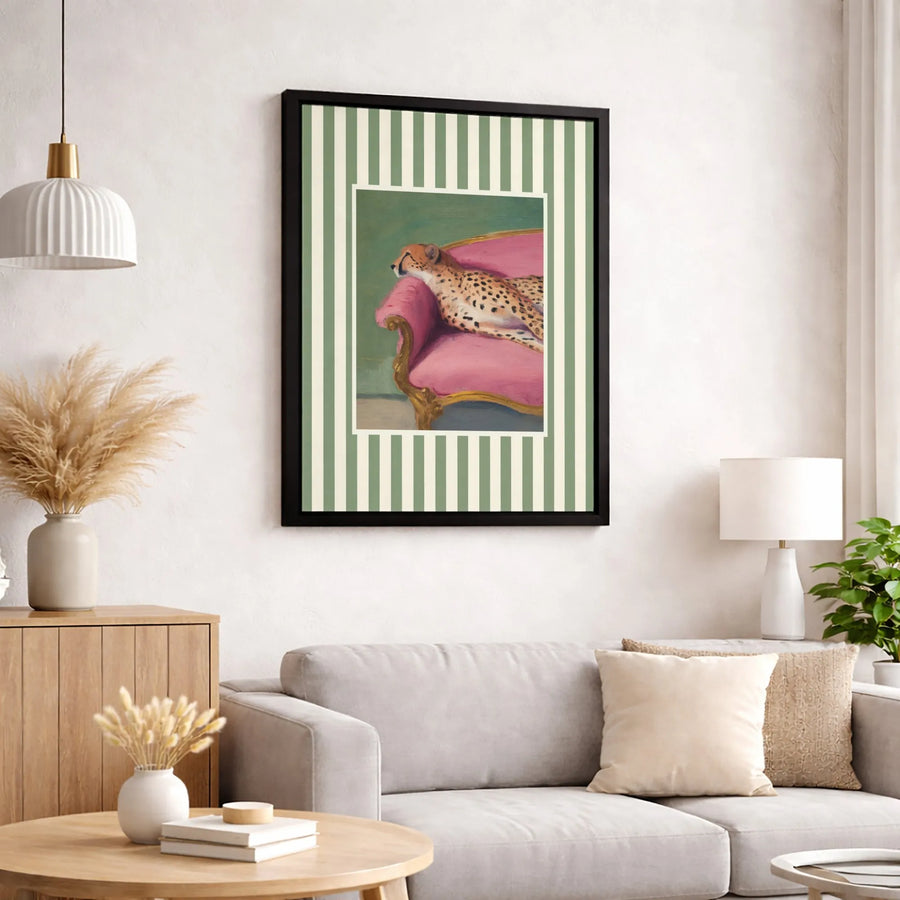 Cheetah Wall Art | Whimsical Cheetah Lounging on Pink Sofa | Premium Gallery Wrapped Canvas | Eclectic Maximalist Home Decor Gift