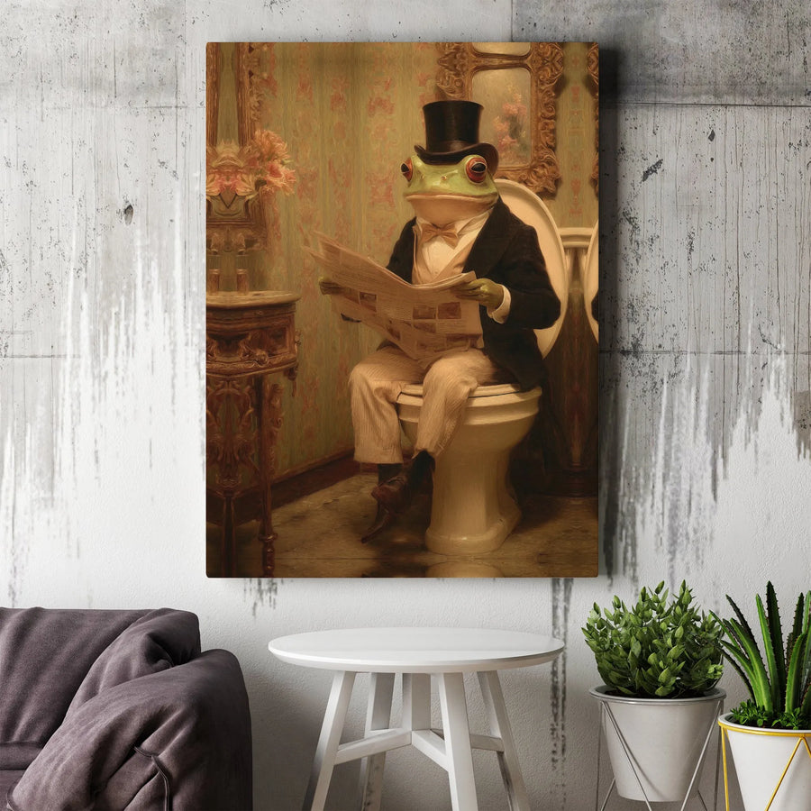 Victorian Frog Reading Newspaper Canvas | Funny Gentleman Frog Portrait | Premium Gallery Wrapped Canvas | Quirky Bathroom Decor Gift