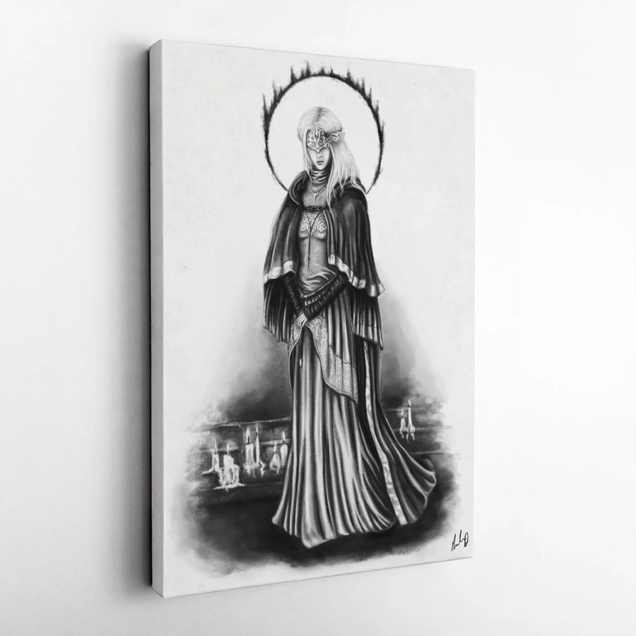 Gothic Fantasy Wall Art | Fire Keeper Pencil Sketch | Premium Gallery Wrapped Canvas | Gamer Room Decor Gift for RPG Fans