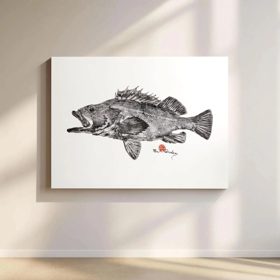 Rockfish Gyotaku Wall Art | Japanese Fish Rubbing Print | Premium Gallery Wrapped Canvas | Coastal Decor for Fisherman Office Gift