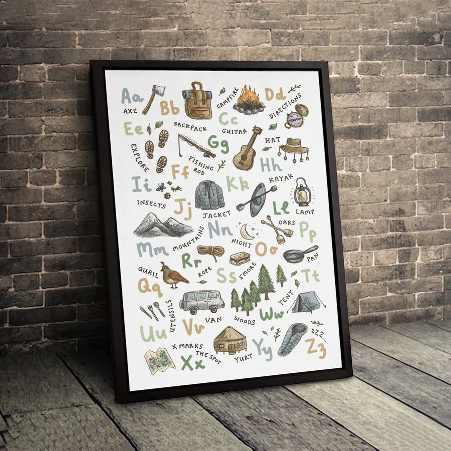 Camping Alphabet Wall Art | Outdoor Adventure Nursery Decor | Premium 1.25" Gallery Canvas | Educational Wilderness Gift for Kids
