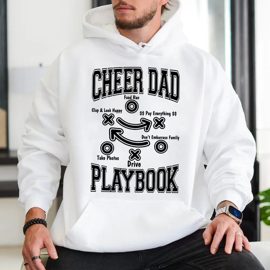 Cheer Dad Playbook Hoodie | Funny Cheerleading Dad Graphic Sweatshirt | Premium Cotton Blend | Perfect Gift for Sports Dads and Cheer Parents