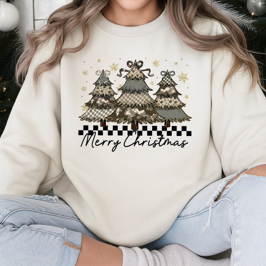 Merry Christmas Tree Sweatshirt | Preppy Camo Coquette Bow Graphic | Premium Cotton Blend | Holiday Gift for Women and Teen Girls