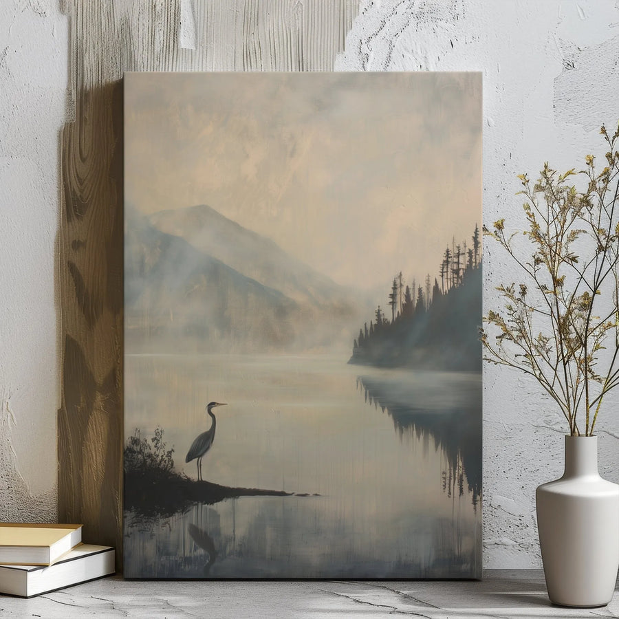 Misty Lake Landscape Canvas Print | Heron Wildlife Wall Art | Gallery Wrapped Premium Decor | Nature Inspired Gift for Home Office