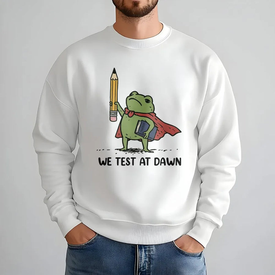 Funny Teacher Sweatshirt | We Test at Dawn Superhero Frog Graphic | Soft Cotton Blend Pullover | Gift for Educators and Professors