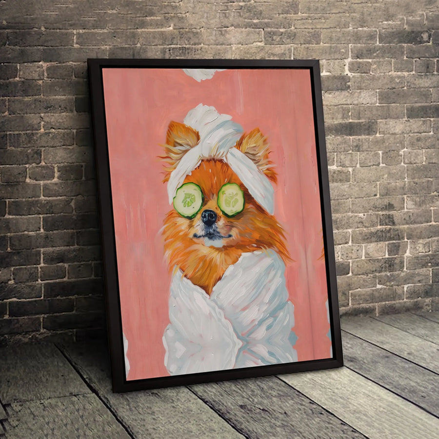 Pomeranian Dog Spa Wall Art | Funny Pet Portrait with Cucumber Slices | Gallery Quality 1.25 Inch Canvas | Whimsical Bathroom Decor Gift for Dog Lovers