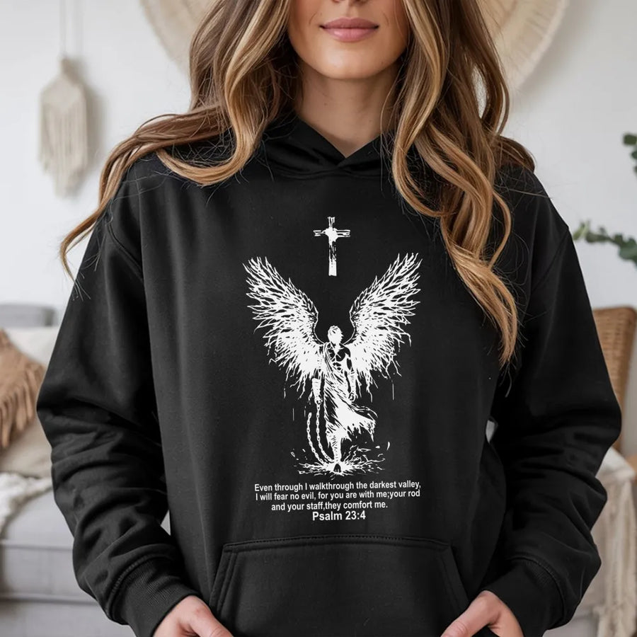Psalm 23:4 Christian Hoodie | Angelic Warrior Cross Design | Premium Cotton Blend | Faith-Inspired Gift for Men and Women