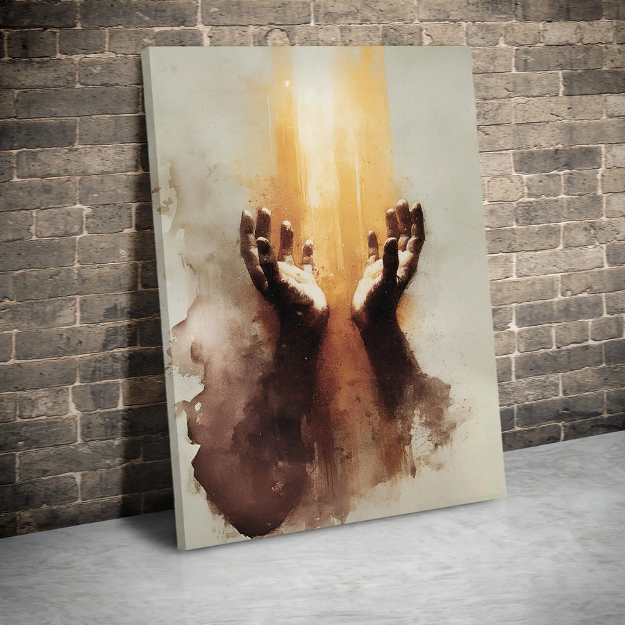 Worship Hands Canvas Print | Heavenly Light Abstract Wall Art | Premium Fade-Resistant Gallery Wrap | Religious Home Decor Gift for Believers
