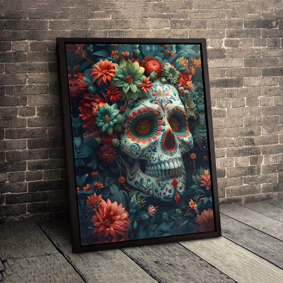 Floral Sugar Skull Wall Art | Day of the Dead Canvas Print | Premium Gallery Wrapped Decor | Dia de los Muertos Gothic Home Gift