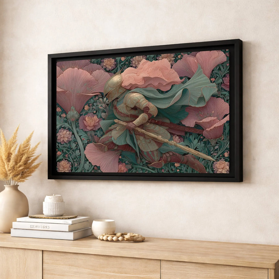 Knight in Floral Armor Canvas Wall Art | Art Nouveau Fantasy Warrior Print | Premium Fade-Resistant Gallery Wrap | Unique Gift for Fantasy Lovers