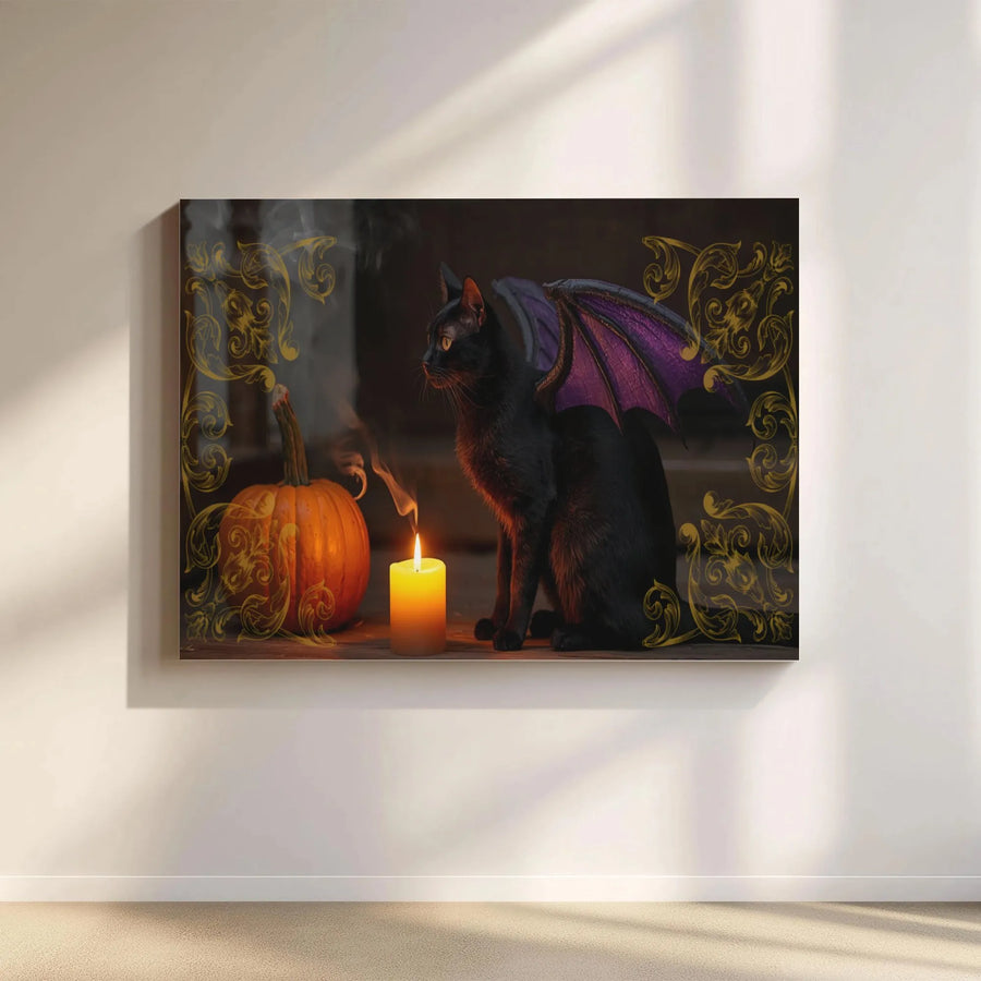 Halloween Black Cat Canvas Art | Purple Dragon Wings & Pumpkin Design | Premium Fade-Resistant Print | Spooky Gothic Home Decor Gift