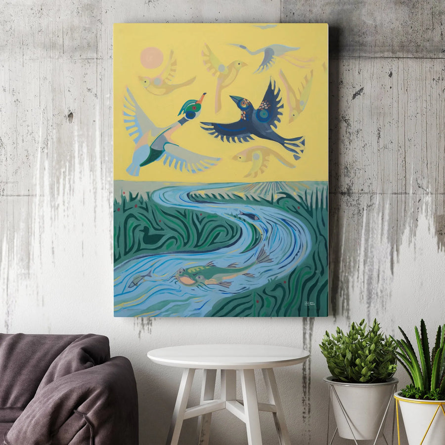 Abstract Nature Canvas Wall Art | Whimsical Ducks And River Landscape Print | Gallery Quality 1.25" Profile | Modern Wildlife Home Decor Gift