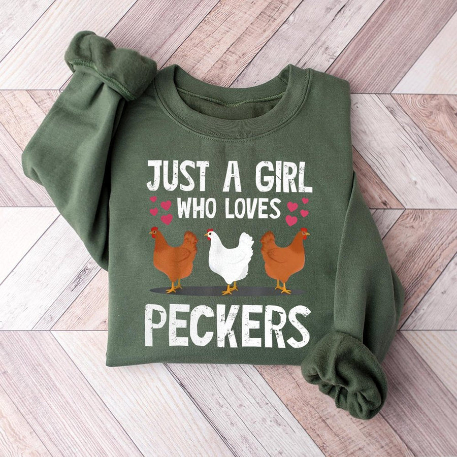 Chicken Sweatshirt | Just A Girl Who Loves Peckers Funny Chicken Lover Design | Premium Cotton Blend | Gift For Farmers And Hen Keepers