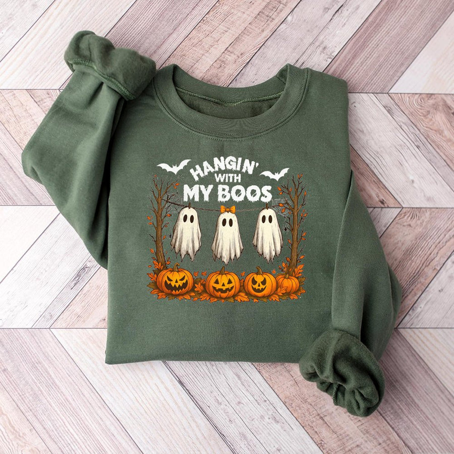 Hangin With My Boos Sweatshirt | Cute Hanging Ghost Pumpkin Graphic | Premium Cotton Blend | Funny Halloween Gift for Her and Him
