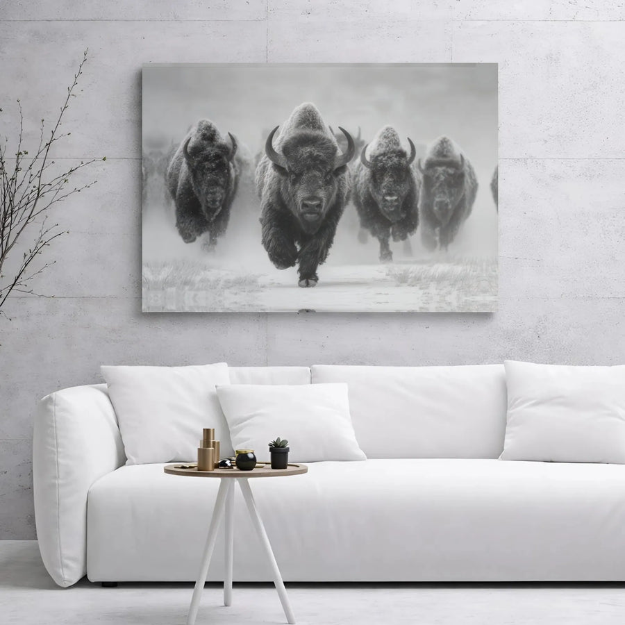 American Buffalo Canvas Wall Art | Black and White Bison Herd Running in Snow | Premium Gallery Wrap Print | Wildlife Home Office Decor Gift
