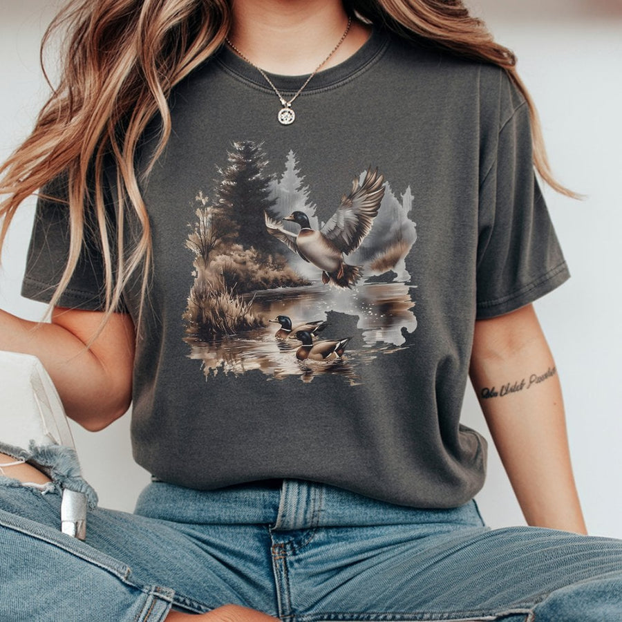 Mallard Duck T-Shirt | Vintage Wildlife Pond Scene Graphic | 100% Cotton Premium Tee | Nature Lover Gift for Outdoorsmen & Bird Watchers