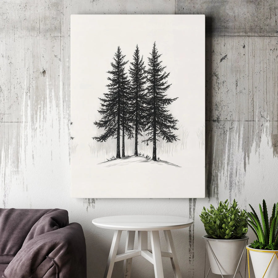 Three Pine Trees Canvas Wall Art | Minimalist Black and White Sketch | Premium Gallery Wrapped Decor | Nature Lover Living Room Gift
