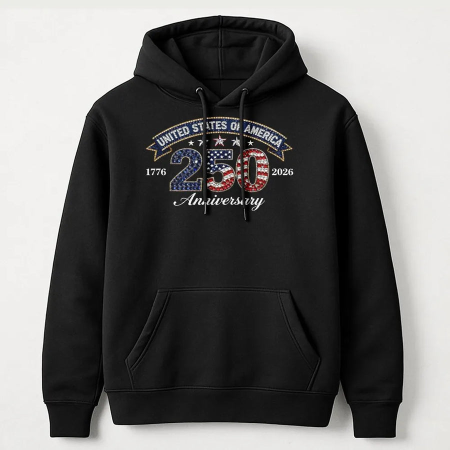 USA 250th Anniversary Hoodie | 1776-2026 Patriotic Rhinestone Flag Design | Premium Cotton-Poly Blend | Unisex Commemorative Gift for Americans