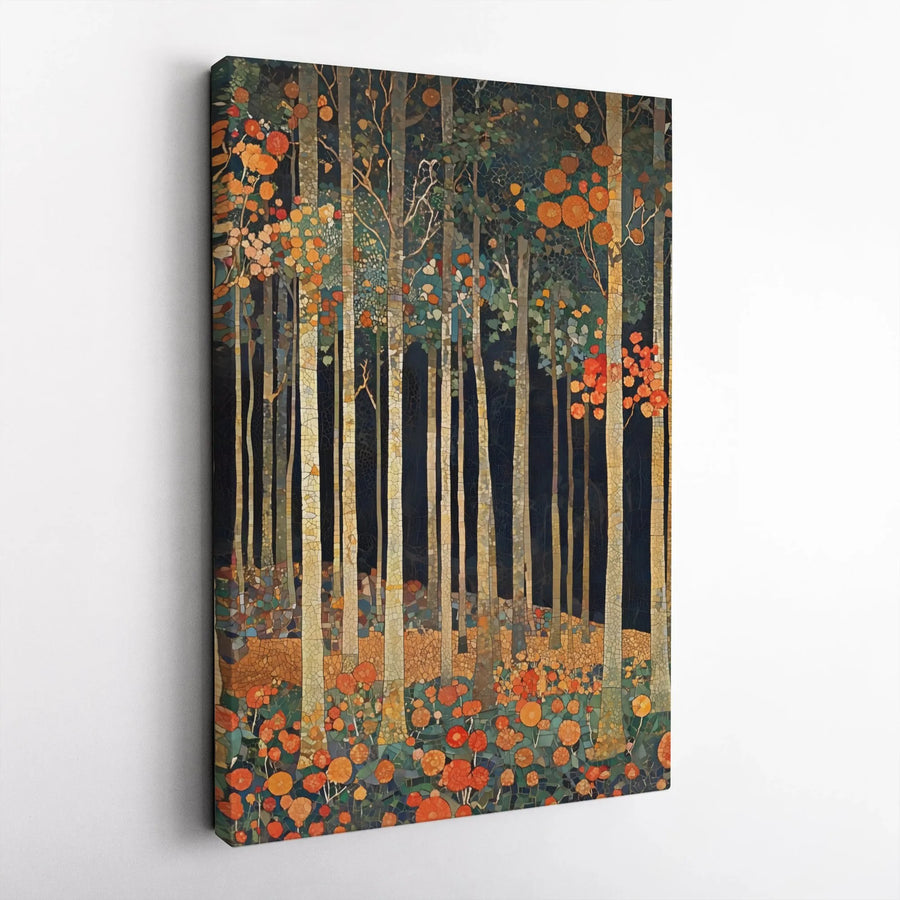 Abstract Forest Canvas Art | Mosaic Style Woodland Trees with Orange Flowers | Premium Gallery-Wrapped Print | Modern Home & Office Decor Gift