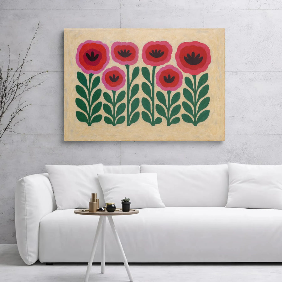 Red and Pink Poppy Flower Canvas Art | Scandinavian Folk Art Print | 1.25-Inch Gallery Wrap Canvas | Modern Botanical Wall Decor for Home