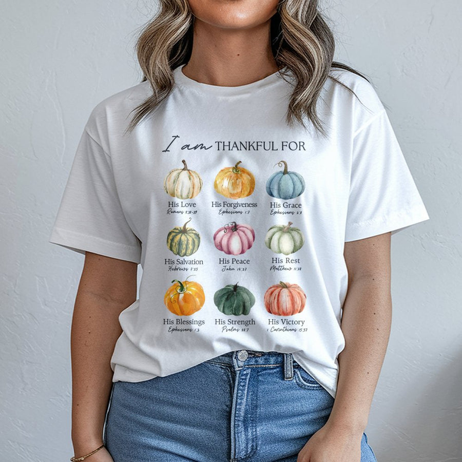 I Am Thankful For Bible Verse T-Shirt | Watercolor Pumpkin Faith Design | Premium Cotton | Christian Thanksgiving Gift for Women & Men