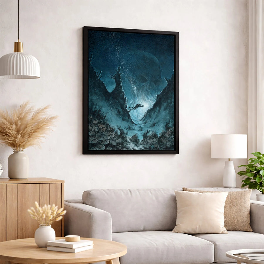 Scuba Diver Underwater Canvas Wall Art | Giant Skull Deep Sea Trench Print | 1.25-inch Premium Gallery Wrapped | Dark Surreal Home Decor Gift