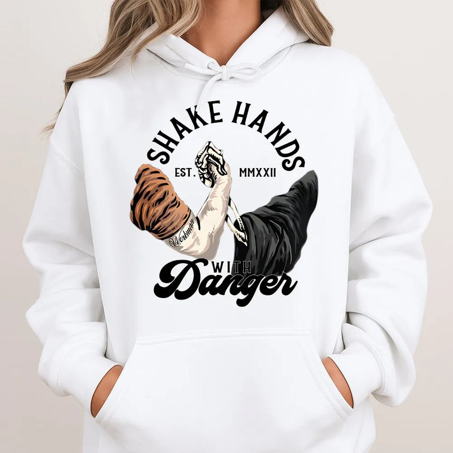 Shake Hands With Danger Hoodie | Arm Wrestling Skeleton Graphic | Premium Cotton Blend Pullover | Gritty Workwear Gift for Blue Collar Men