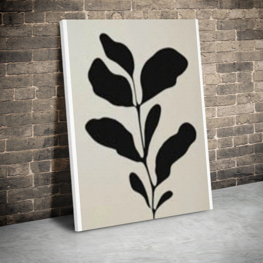 Minimalist Botanical Canvas Wall Art | Black Leaf Silhouette on Beige | Premium Gallery Wrapped Canvas | Modern Scandinavian Home Decor Gift