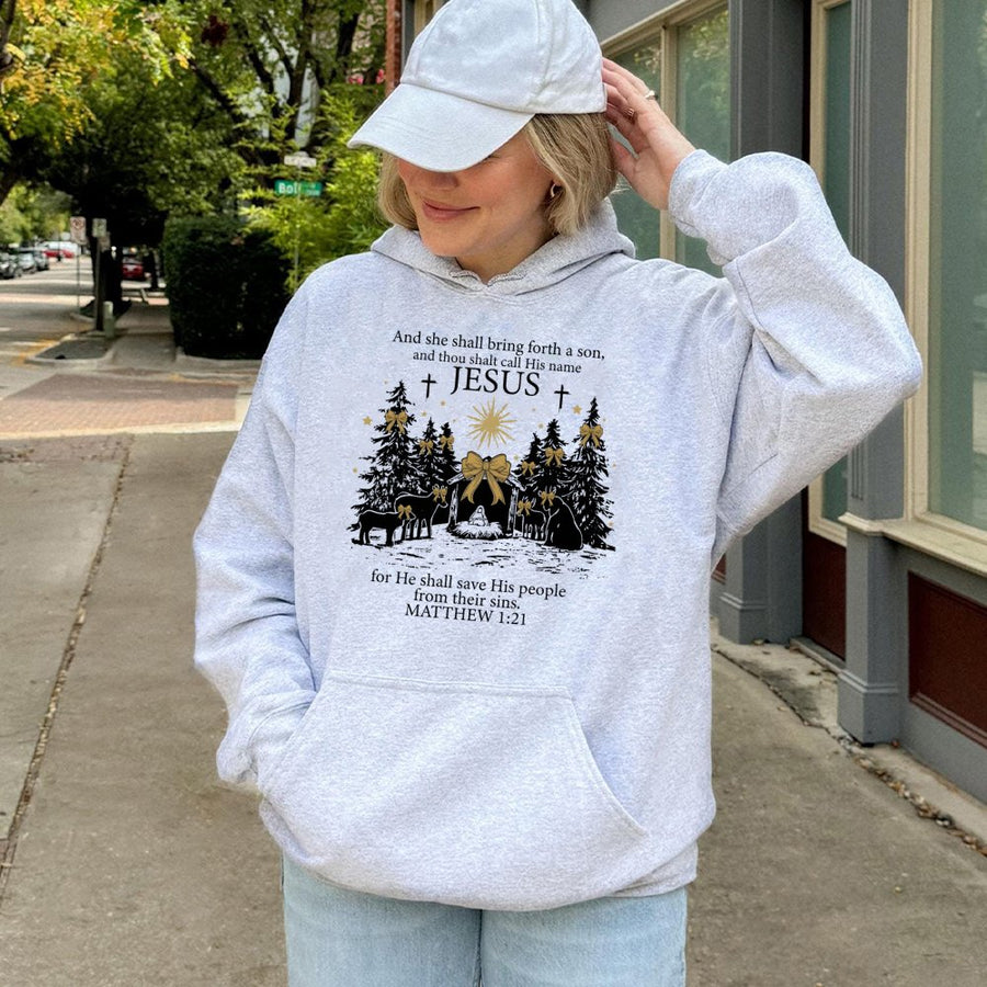 Jesus Christmas Nativity Hoodie | Matthew 1:21 Scripture Design | Cotton-Poly Premium Blend | Religious Holiday Gift for Christians