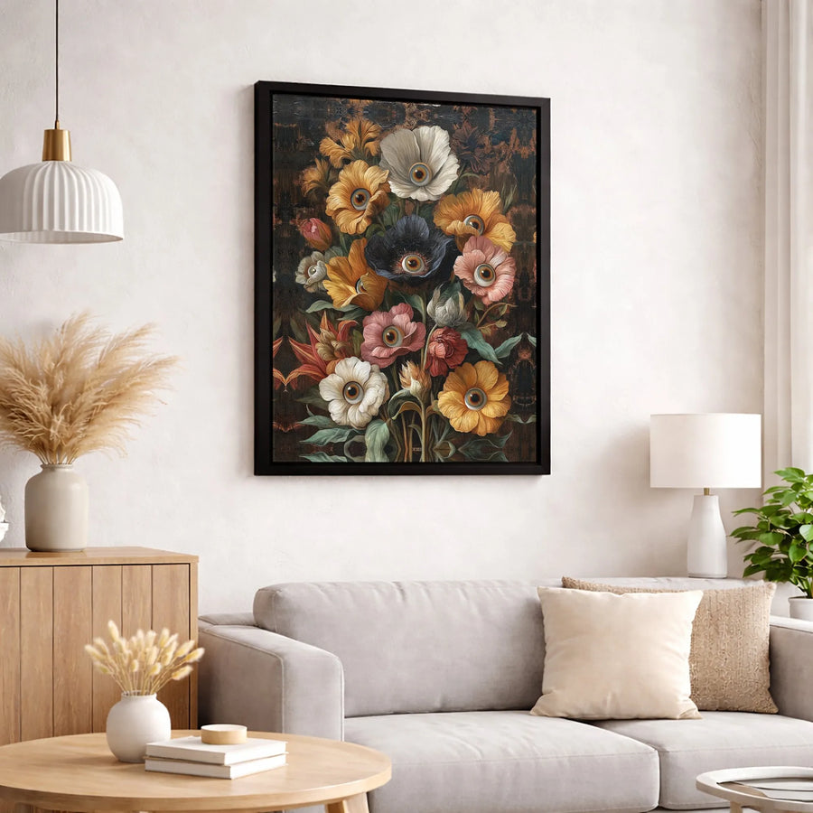 Surreal Eyeball Flower Canvas Art | Gothic Dark Floral Bouquet Still Life | Premium Gallery Wrap Wall Decor | Unique Gift for Art Lovers