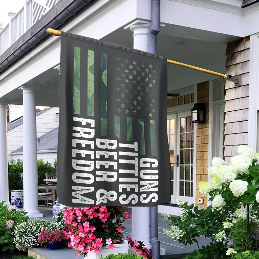 American Garden Flag | Guns Beer & Freedom Patriot Decor | UV-Resistant Polyester | Gift for Men & Outdoor Bar Enthusiasts