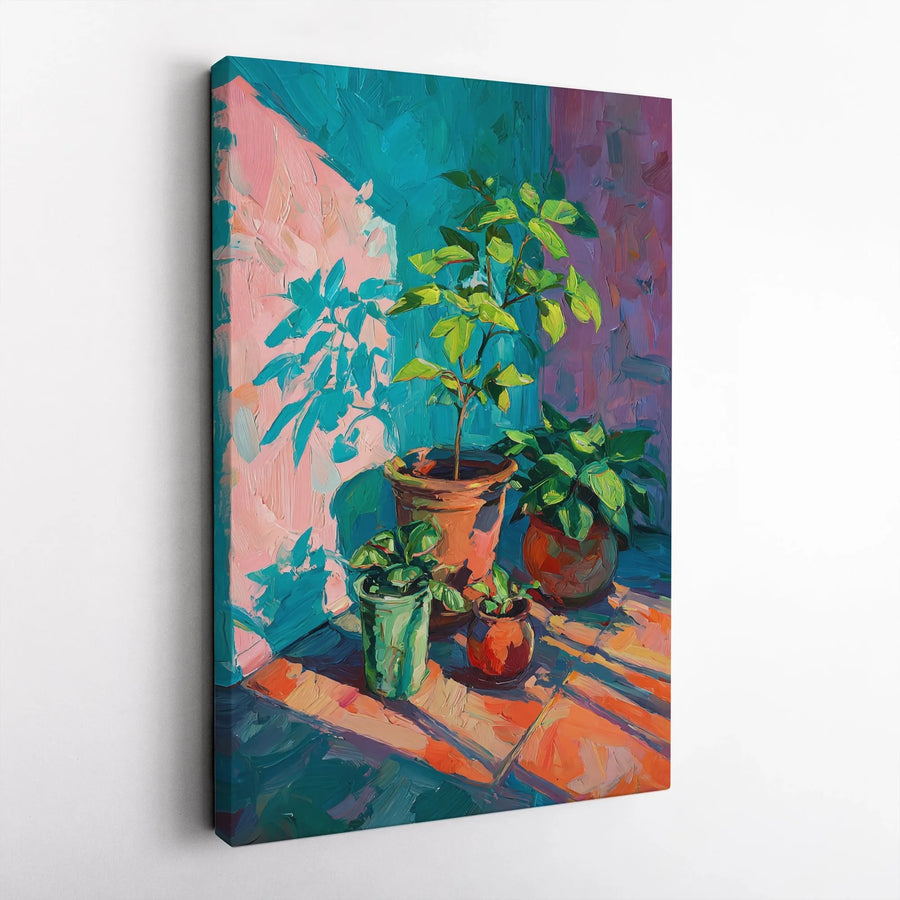 Potted Plants Canvas Wall Art | Vibrant Impressionist Still Life Print | Premium Gallery Wrapped Canvas | Modern Botanical Home Decor Gift