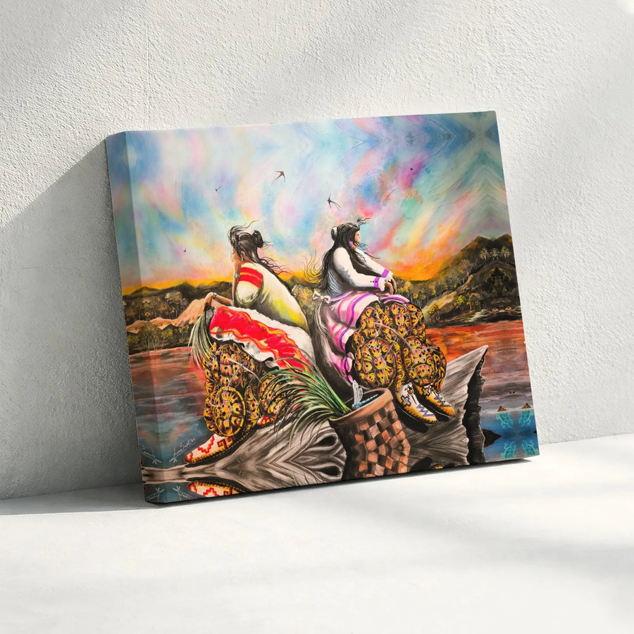 Native American Women Wall Art | Vibrant Turtle Shell Dress Landscape | Premium 1.25" Thick Canvas Print | Collector's Gift for Spiritual Home Decor
