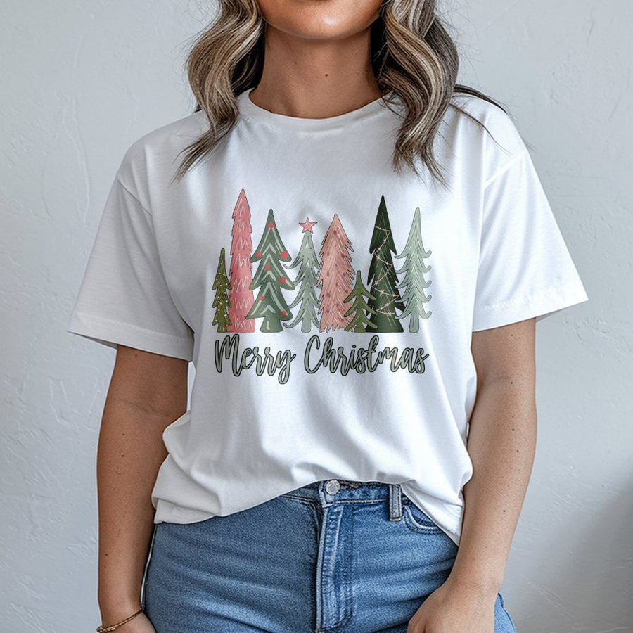 Merry Christmas Tree T-Shirt | Boho Pine Forest Graphic | Soft 100% Cotton Premium Tee | Festive Holiday Gift for Women & Men