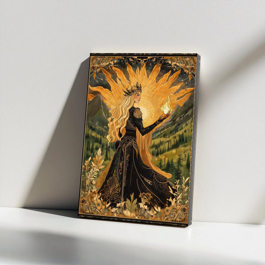 Sun Goddess Canvas Wall Art | Art Nouveau Mythical Illustration | Premium Gallery Wrapped Print | Spiritual Home Decor Collector's Gift