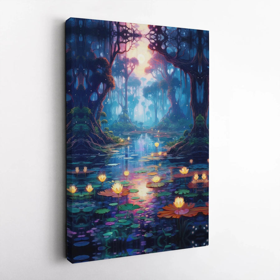 Enchanted Forest River Canvas Art | Luminous Water Lily Pond Print | Gallery Quality 1.25 Inch Profile | Whimsical Nature Decor for Home and Office