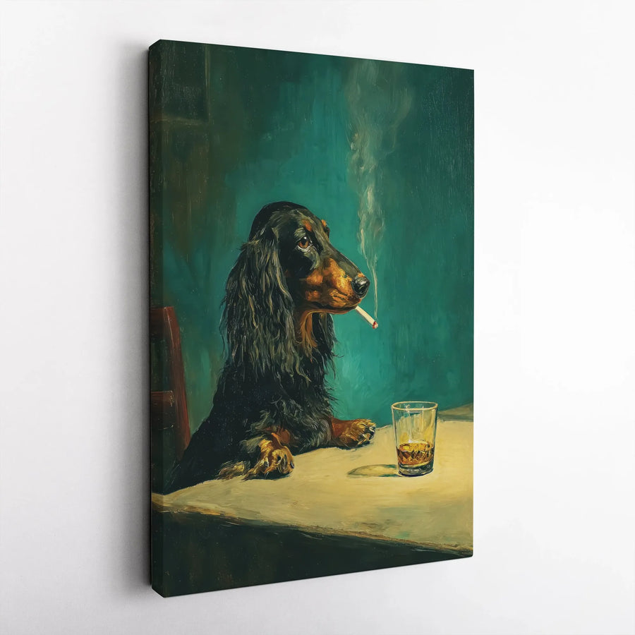 Dachshund Smoking Canvas Print | Vintage Painting Style Whiskey Drinking Dog | Premium Thick Gallery Wrap | Unique Bar Cart Art & Gift for Dachshund Owner