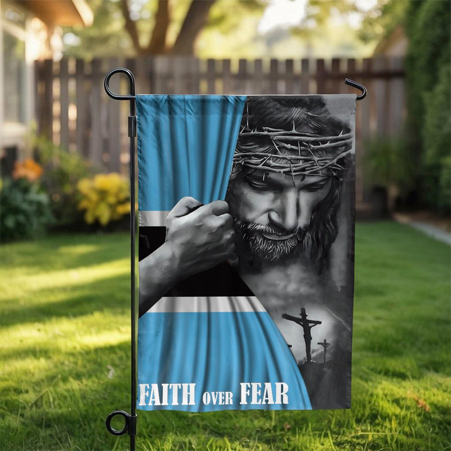 Botswana Flag Garden Flag | Faith Over Fear Jesus Christ Religious Decor | Premium Weather-Resistant Polyester | Patriotic Christian Yard Gift