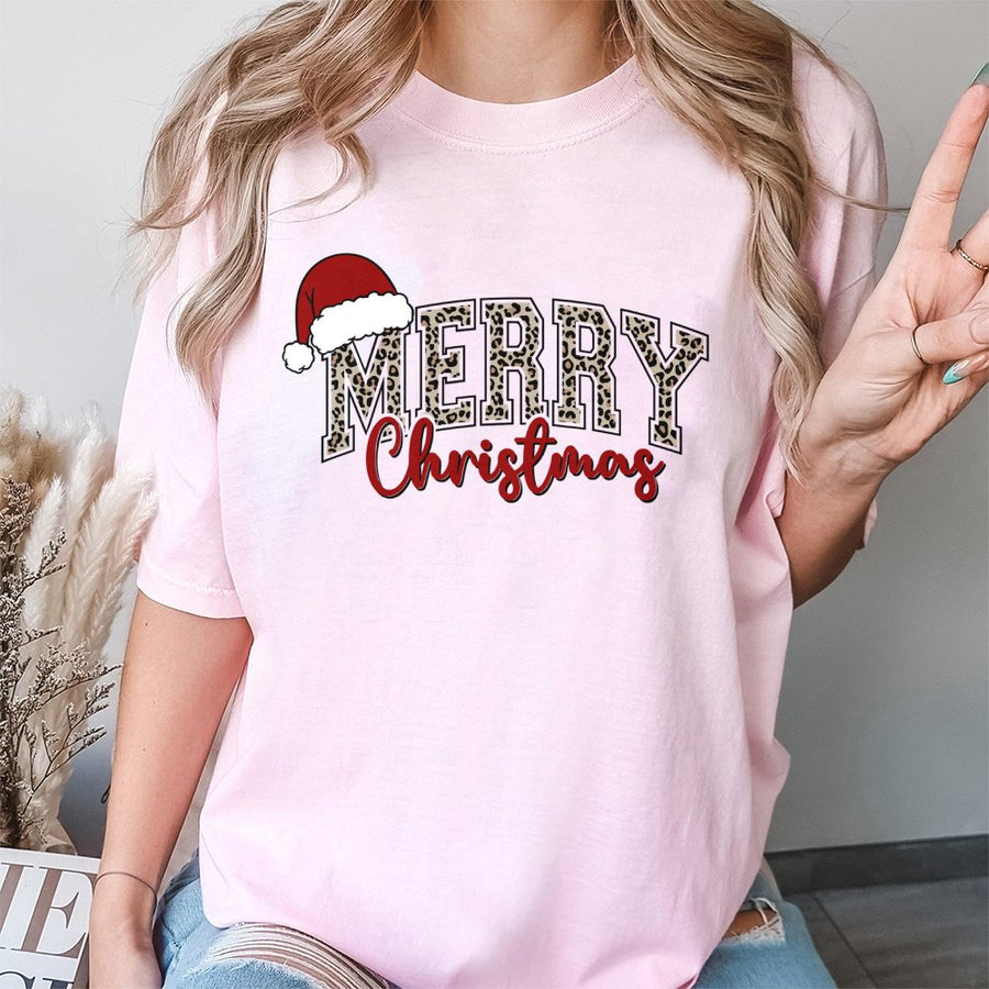 Merry Christmas T-Shirt | Leopard Print Santa Hat Holiday Graphic | 100% Cotton Premium Tee | Festive Gift for Women & Men