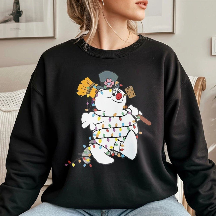 Snowman Christmas Sweatshirt | Festive Holiday Lights Graphic Design | Cozy Cotton Blend Crewneck | Unisex Winter Gift for Men and Women