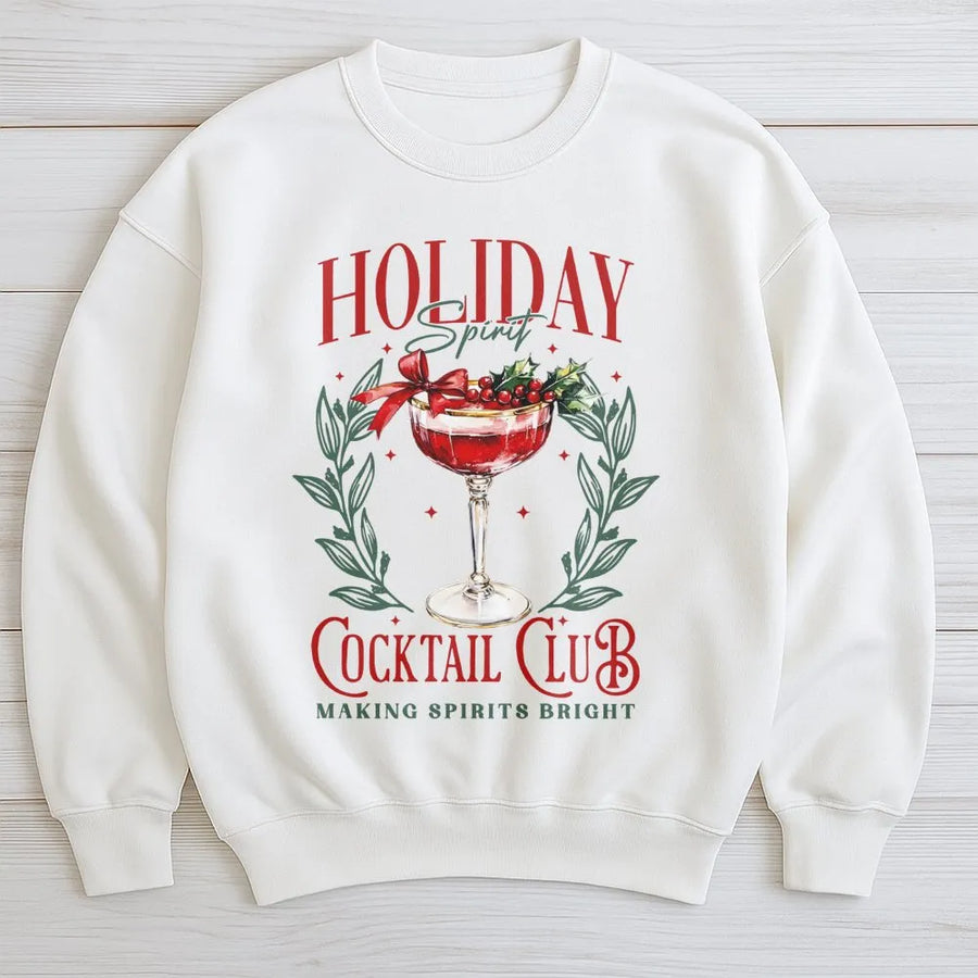 Holiday Cocktail Club Sweatshirt | Festive Drink Graphic Print | Premium Cozy Cotton Blend | Trendy Christmas Party Apparel for Women and Men
