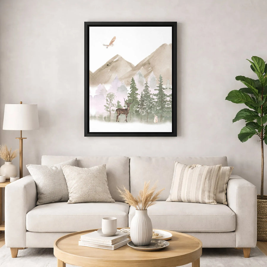 Watercolor Woodland Animal Canvas Wall Art | Deer Owl Rabbit Forest Scene | Premium Gallery Wrap Print | Nursery Decor & Nature Lover Gift