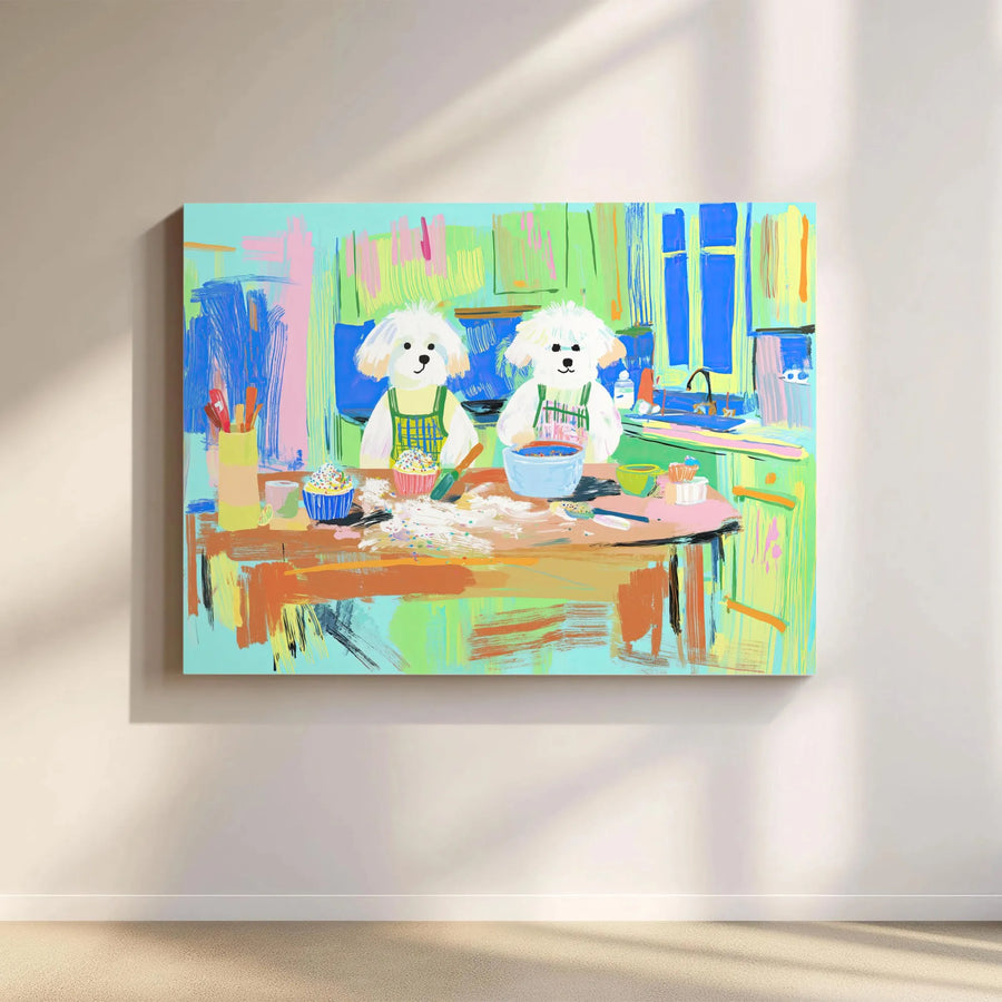 Dog Baking Canvas Wall Art | Colorful Bichon Frise Kitchen Print | Premium Gallery Wrapped Decor | Cute Whimsical Pet Lover Gift