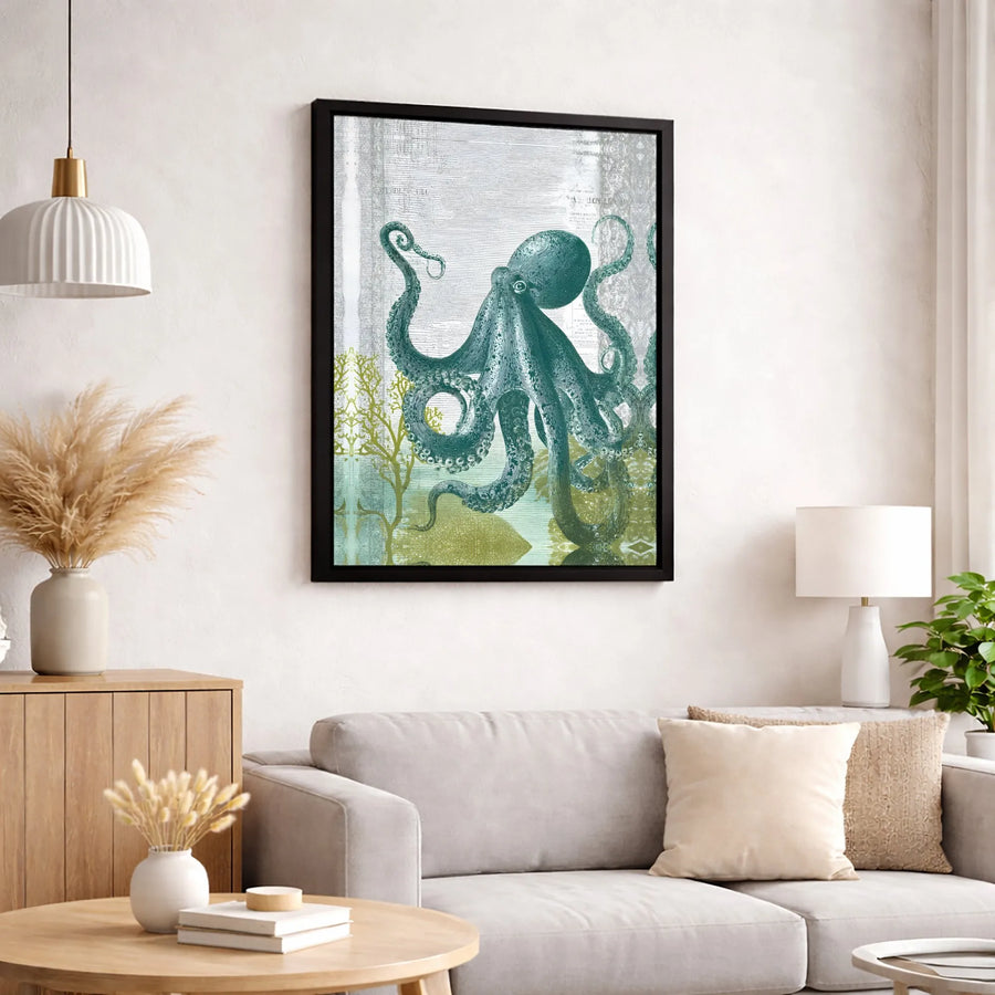 Vintage Octopus Wall Art | Teal Marine Life Scientific Illustration | Premium Gallery Wrapped Canvas | Coastal Beach House Decor Gift